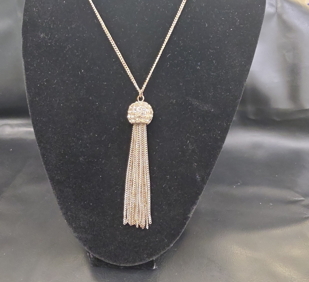 Gold Tassel Pendant Necklace with Crystal Dome - Women Jewelry